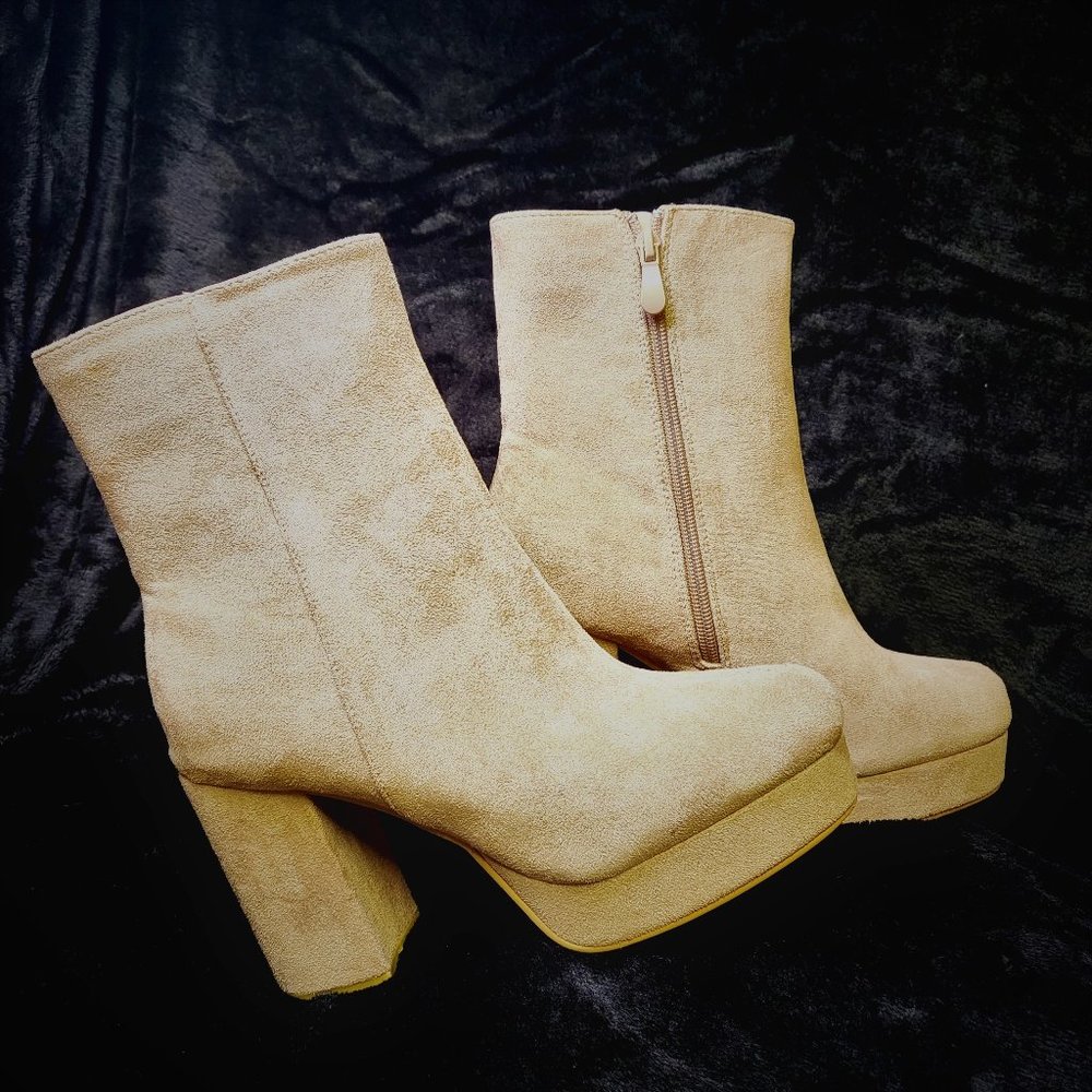 ☆ Mata Taupe (Nude) Faux Suede Ankle Boots With 3.5" Chunky Heel - Picture 2 of 7
